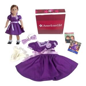 American Girl Emily Doll Holiday Outfit Purple Dress Hair Bow Socks Cards Box